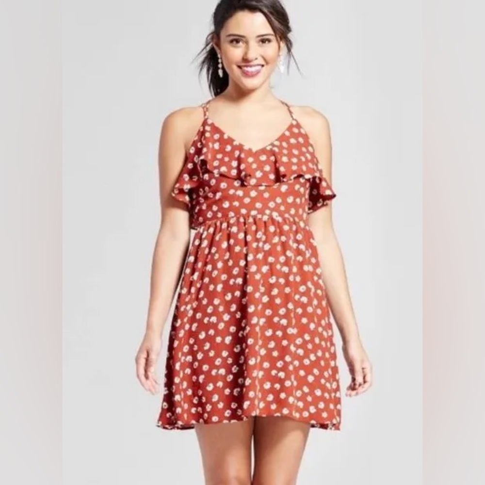 xhiliration | rust orange floral ruffle dress
